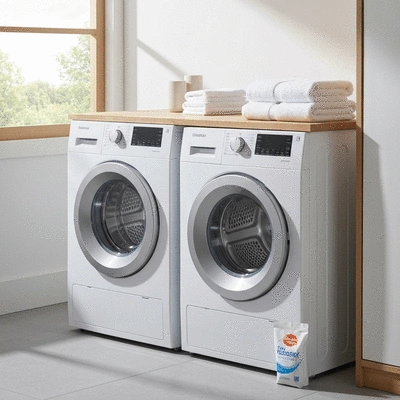 Modern energy efficient clothes dryer in a bright laundry room setting