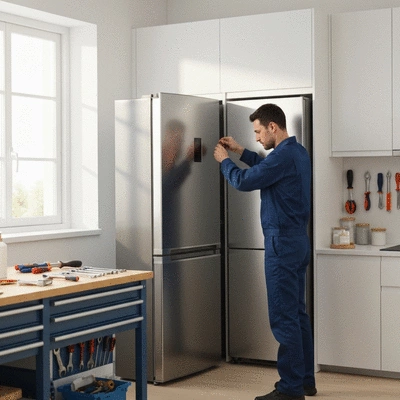 Professional technician repairing a modern refrigerator in a clean kitchen, with tools neatly laid out, no text, no words, no typography, no labels, clean image