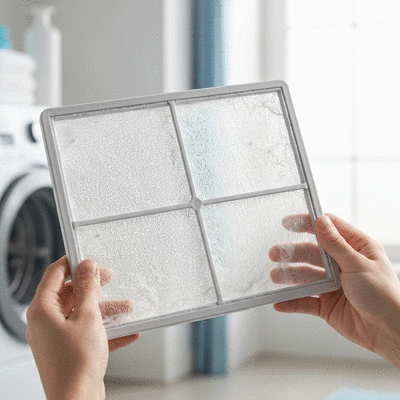 Close up of clean laundry dryer lint filter being held by hands