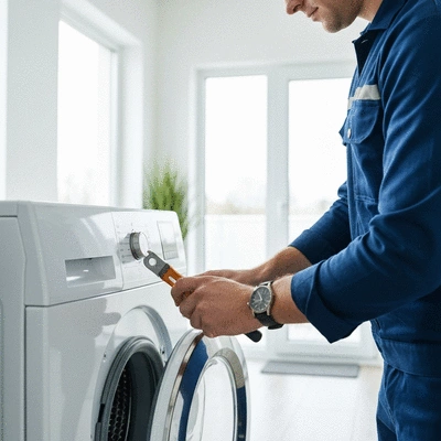 Professional appliance repair technician fixing a washing machine