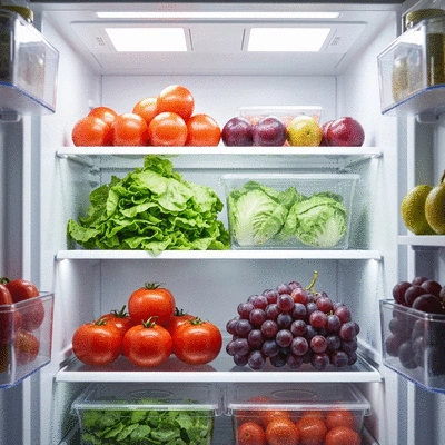 Close up of a clean refrigerator interior with fresh vegetables