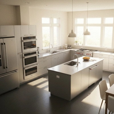Close up of a clean kitchen interior with modern appliances