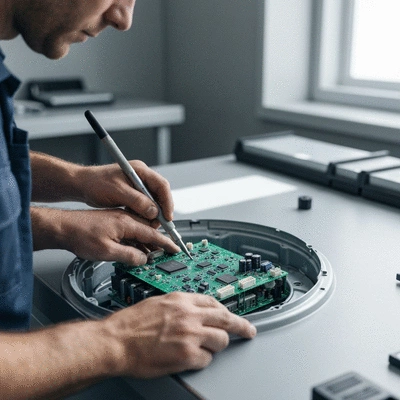 Close-up of a technician's hands using tools to fix a washing machine control panel