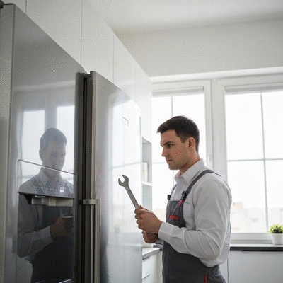 Professional technician repairing a kitchen appliance