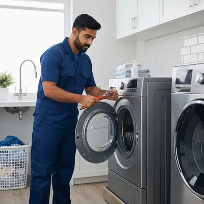 Professional technician inspecting a modern washing machine