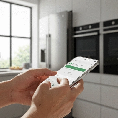 Person using a mobile phone to book appliance repair service
