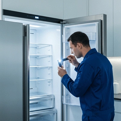 Professional technician inspecting a modern refrigerator interior