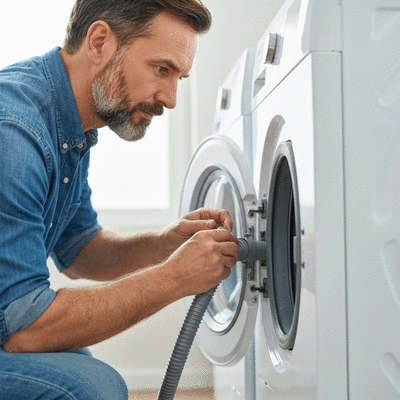 Person inspecting a washing machine's drain hose for clogs