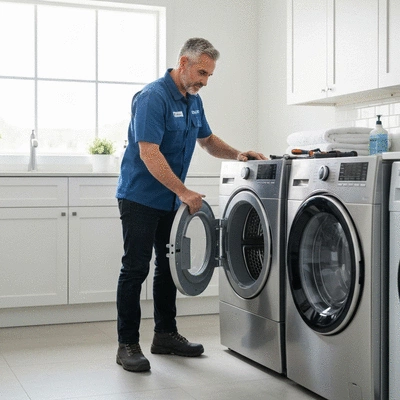 Professional technician repairing a modern clothes dryer in a bright laundry room