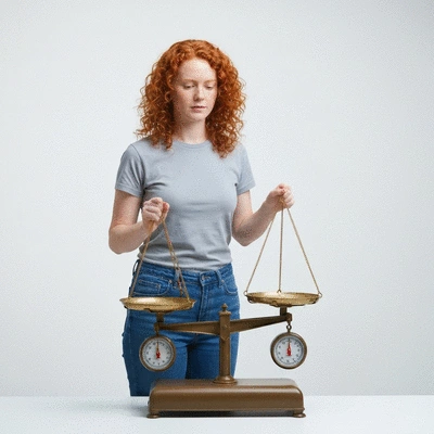 Person weighing options for dryer repair vs replacement on a scale, illustrating decision-making