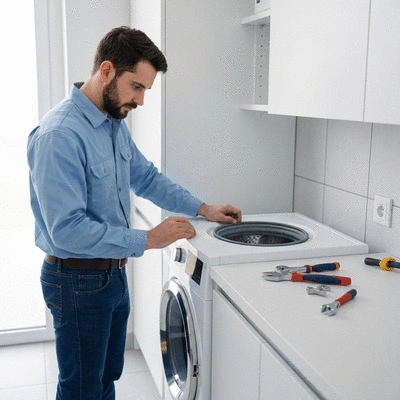 Professional technician examining a washing machine with tools in a modern laundry room