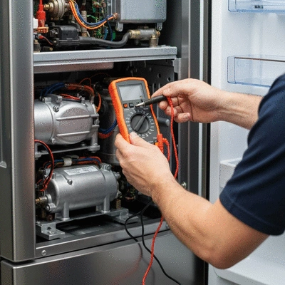 Professional technician inspecting a refrigerator compressor with tools