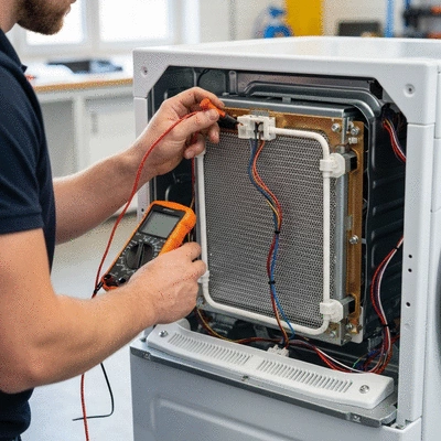 Professional technician examining the internal components of a modern tumble dryer