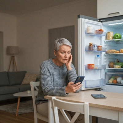 Person looking at a broken refrigerator, expressing concern