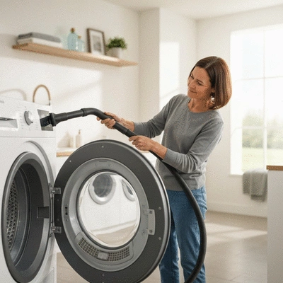 Person cleaning the interior of a modern laundry dryer