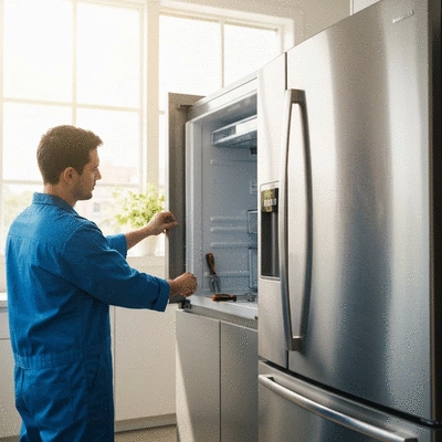 Professional technician repairing a modern kitchen refrigerator