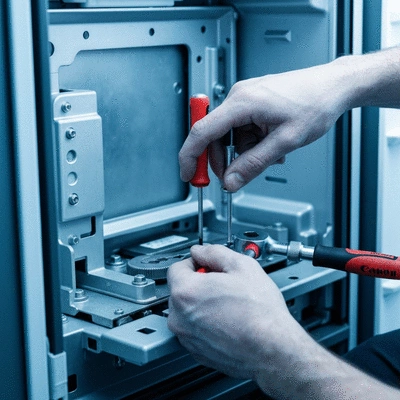 Close-up of a technician's hands using tools to fix a refrigerator compressor