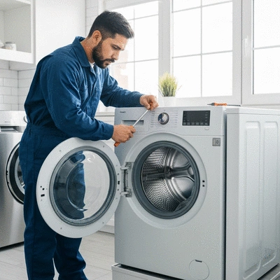Professional technician repairing a modern front-loading washing machine