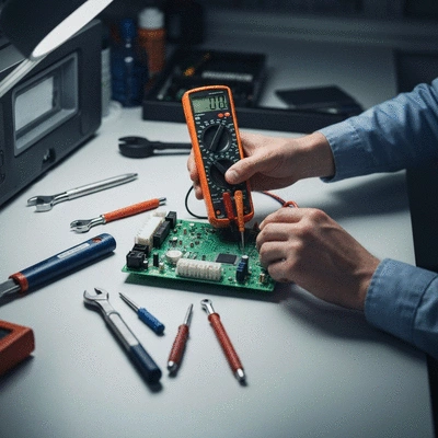 Close up of tools and appliance components during a repair