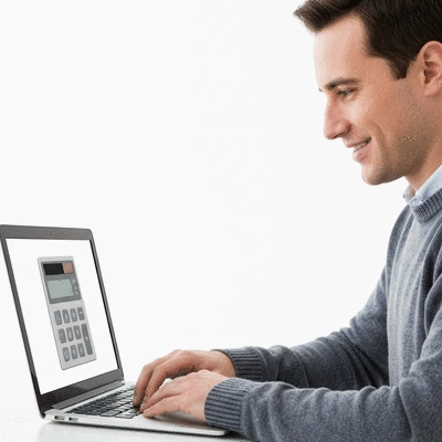 Person using an online tool to compare fridge repair quotes on a laptop, with a calculator icon on screen, no text, no words, no typography, no labels, clean image